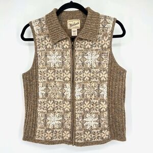 Vntg Woolrich Womens Fair Isle Snowflake Winter Knit Vest Full Zip Collar‎ Brown